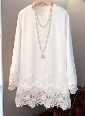 高级感蕾丝底摆拼接白色长袖T恤中长遮肚小衫秋冬显瘦黑色上衣女