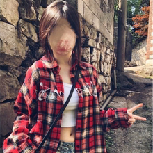 美式多巴胺复古刺绣红色格子衬衫男女ins宽松慵懒风长袖衬衣外套