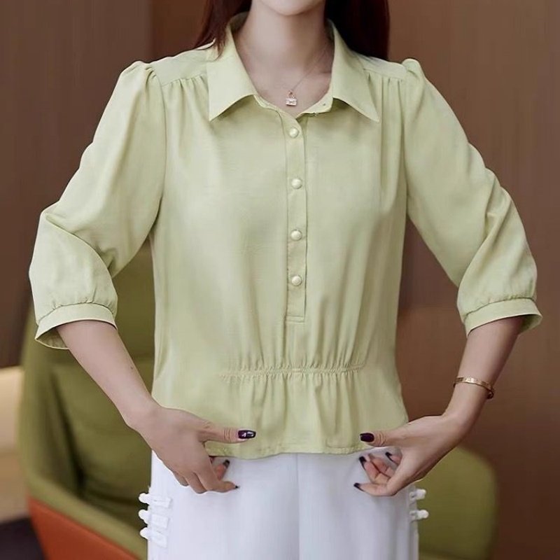 2025夏季新款时尚中袖宽松气质减龄显瘦设计感洋气套头衬衫上衣女