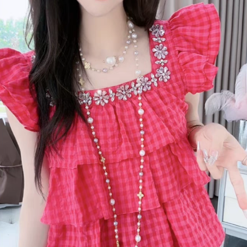 欧货重工镶钻荷叶边方领衬衫女2024夏新款时尚宽松显瘦飞飞袖小衫