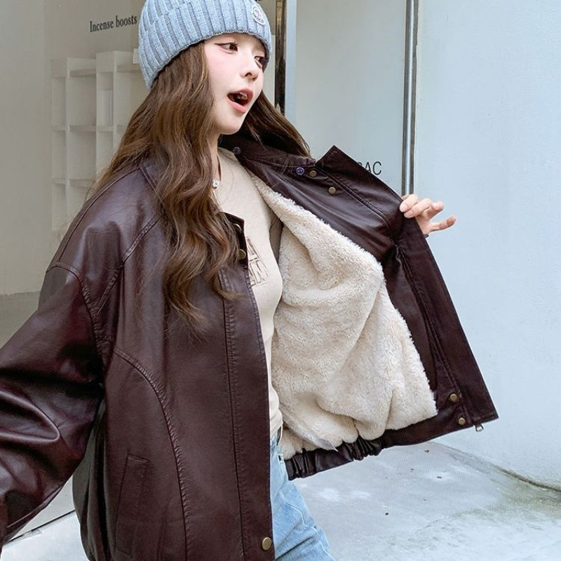 美式复古加绒加厚PU皮夹克女2025冬季新款高级感保暖皮毛一体外套