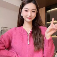 高级感超好看橘色拉链毛衣开衫女秋冬外穿宽松慵懒风短款针织外套