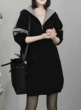 半拉链撞色中长款高领毛衣女秋冬新款慵懒风宽松加厚套头针织衫