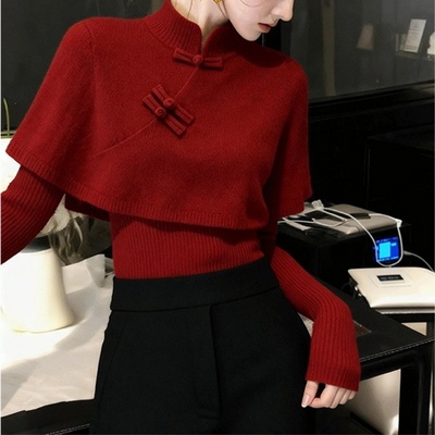 新中式红色斗篷盘扣毛衣女冬季季高级感上衣轻熟气质巨好看针织衫