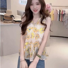 碎花无袖衬衫女2025新款夏季短款洋气卡腰小衫轻奢高级感雪纺上衣