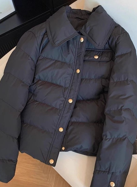 韩系小香风黑色翻领夹棉外套女2025冬季新款时尚百搭宽松显瘦棉服