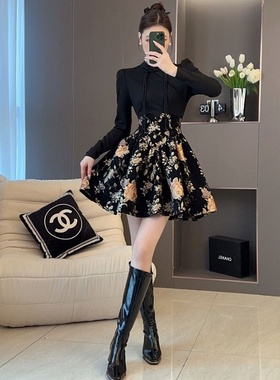 微胖mm法式赫本风拼色复古连衣裙秋小众收腰假两件连衣裙