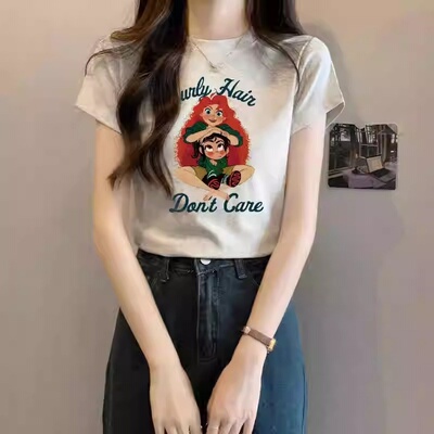 设计感美式甜辣妹修身短袖T恤女夏季ins别致独特卡通印花圆领上衣