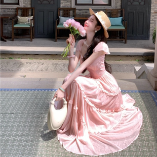 显瘦A字裙 法式 高级气质甜美方口领拼接短袖 连衣裙女2025夏季 新款