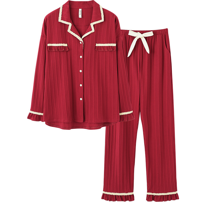 思莉太太情侣睡衣春秋女纯棉长袖2021年新款红色结婚新婚秋季套装