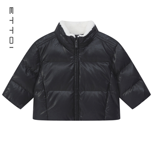 朗姿童装/ETTOI爱多娃男童加厚羽绒服黑色皮面立领外套冬季新款