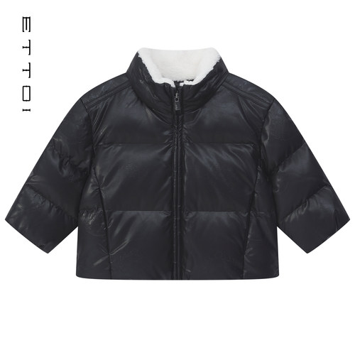 朗姿童装/ETTOI爱多娃男童加厚羽绒服黑色皮面立领外套冬季新款