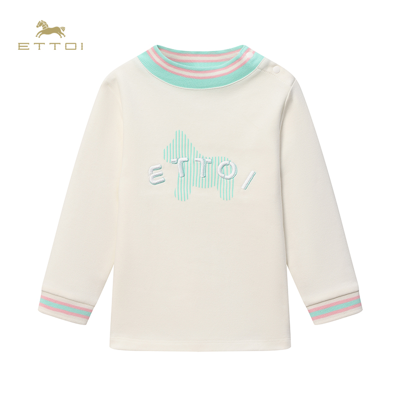 【朗姿集团】ETTOI爱多娃儿童本白色T恤半高领印花长袖上衣圆领棉