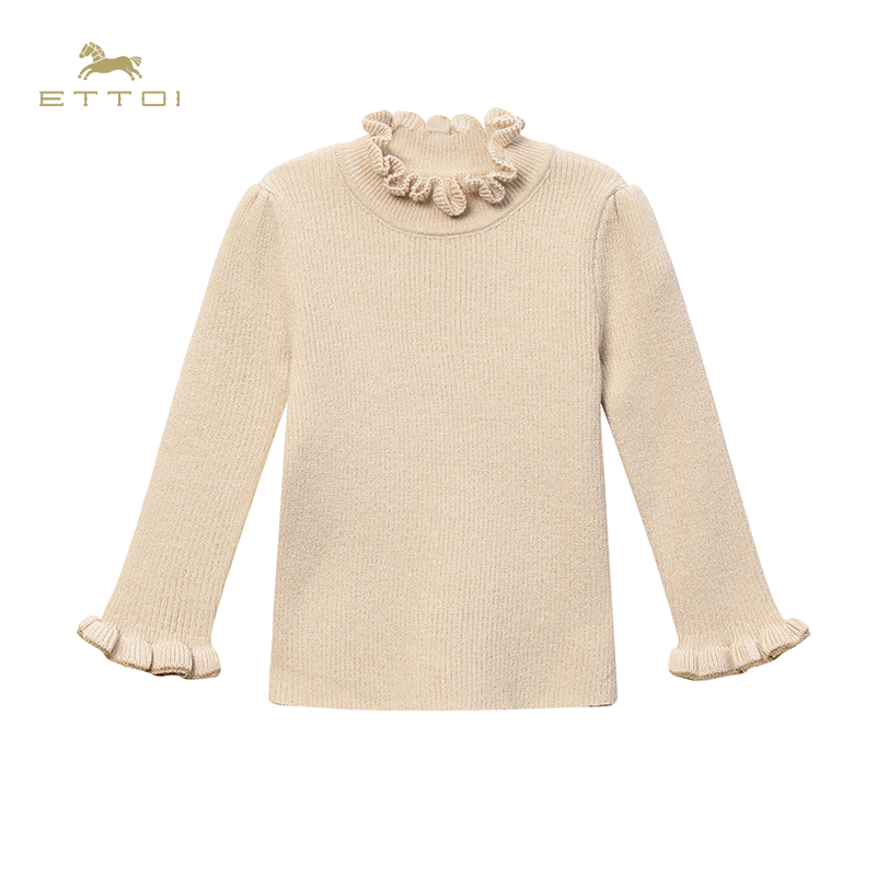 【朗姿集团】ETTOI爱多娃儿童针织衫秋冬半高领上衣花瓣领花边打