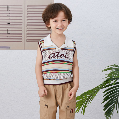 朗姿童装/ETTOI男童无袖条纹马甲儿童polo领设计感背心夏季新款