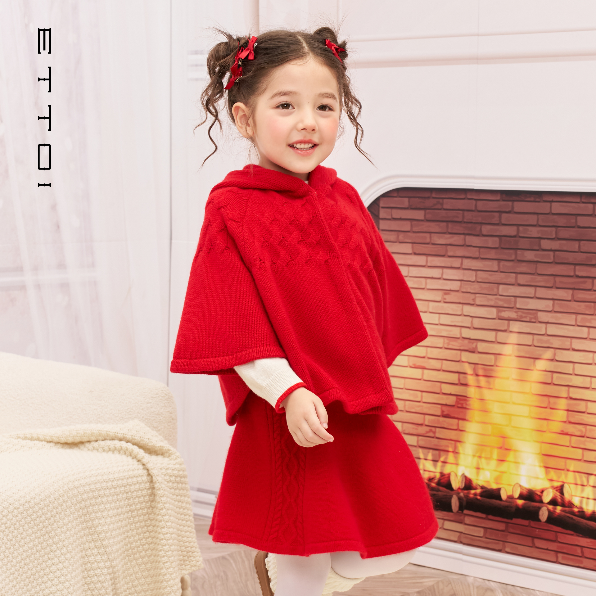 【羊毛+山羊绒】ETTOI爱多娃洋气儿童红色斗篷女童2025年秋冬新款