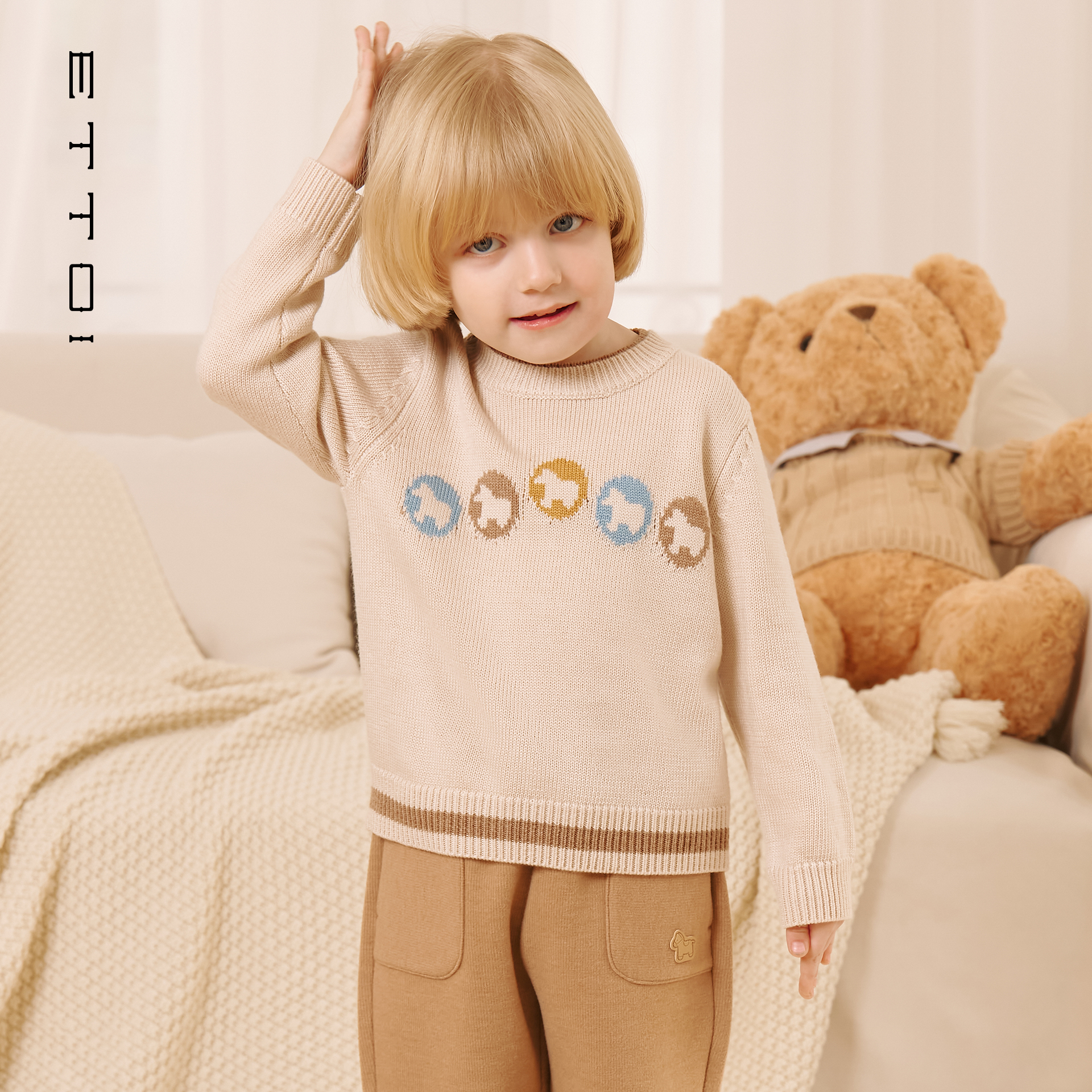 【绵羊毛】ETTOI爱多娃儿童毛衣宝宝圆领简约针织衫2025冬季新款