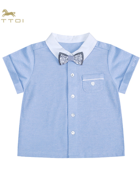 朗姿童装/ETTOI爱多娃男童百搭短袖衬衫浅蓝色休闲T恤夏季新款
