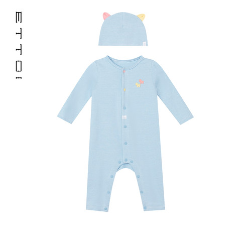 朗姿童装/ETTOI爱多娃婴儿套装条纹亲肤连体服/帽子2025秋季新款