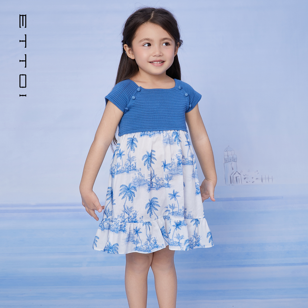 ETTOI爱多娃2025春夏新款针织连衣裙女童可爱印花甜美度假公主裙