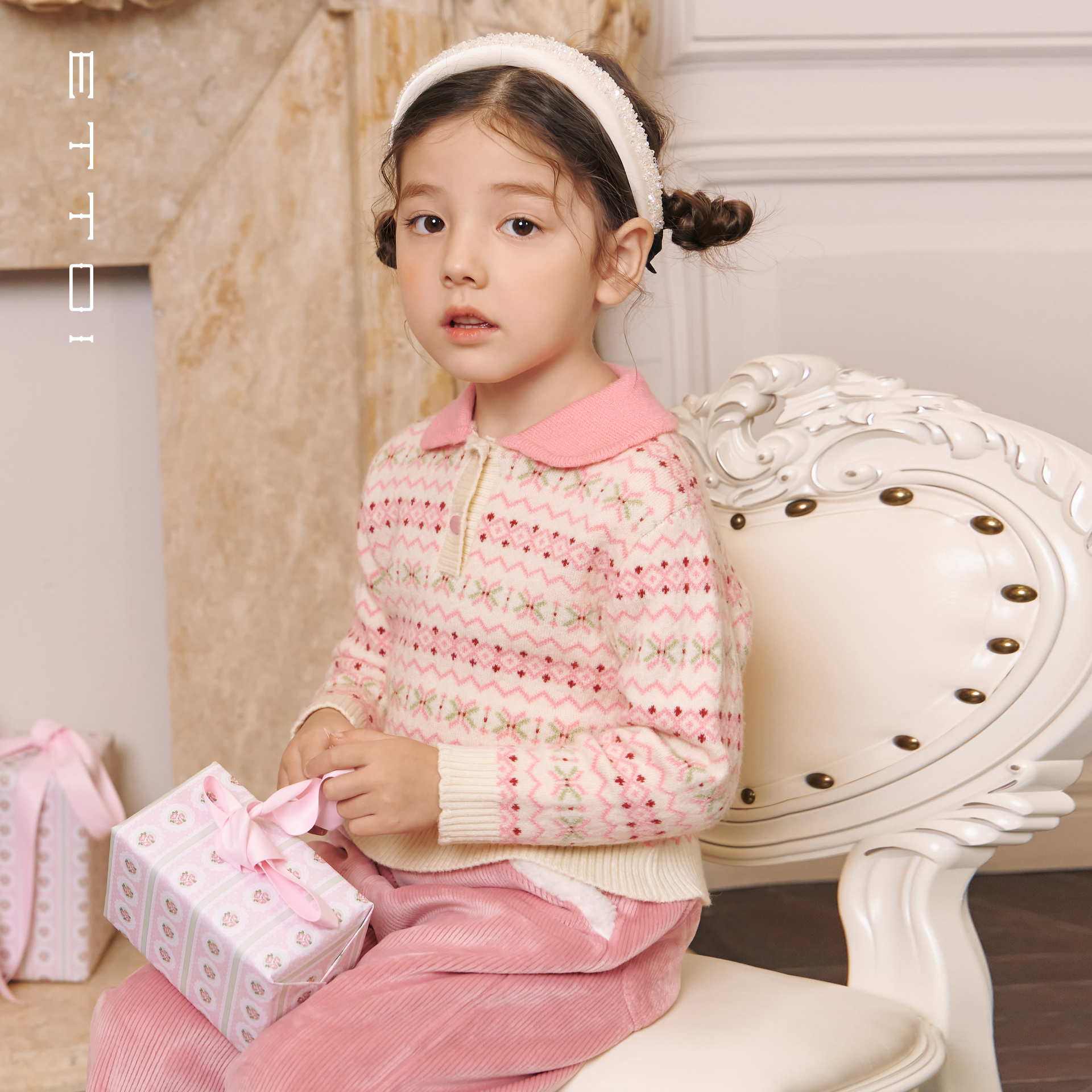 朗姿童装/ETTOI爱多娃儿童毛衣费尔岛女童复古针织衫2025冬季新款