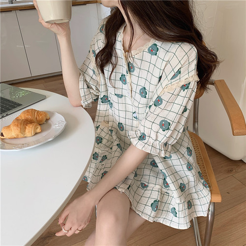 Real price Korean version of cotton couples cotton yarn printing casual comfort sweet lace outside wear home clothing