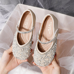 真皮女童水晶鞋2026春季新款儿童公主鞋软底单鞋演出亮片走秀鞋子