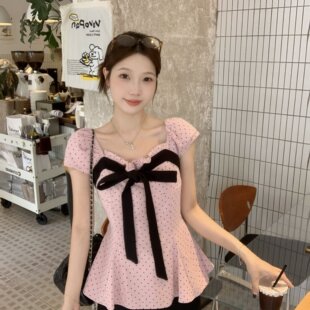 实拍 大码胖妹妹夏季新款韩系纯欲撞色蝴蝶结波点短袖衬衫上衣