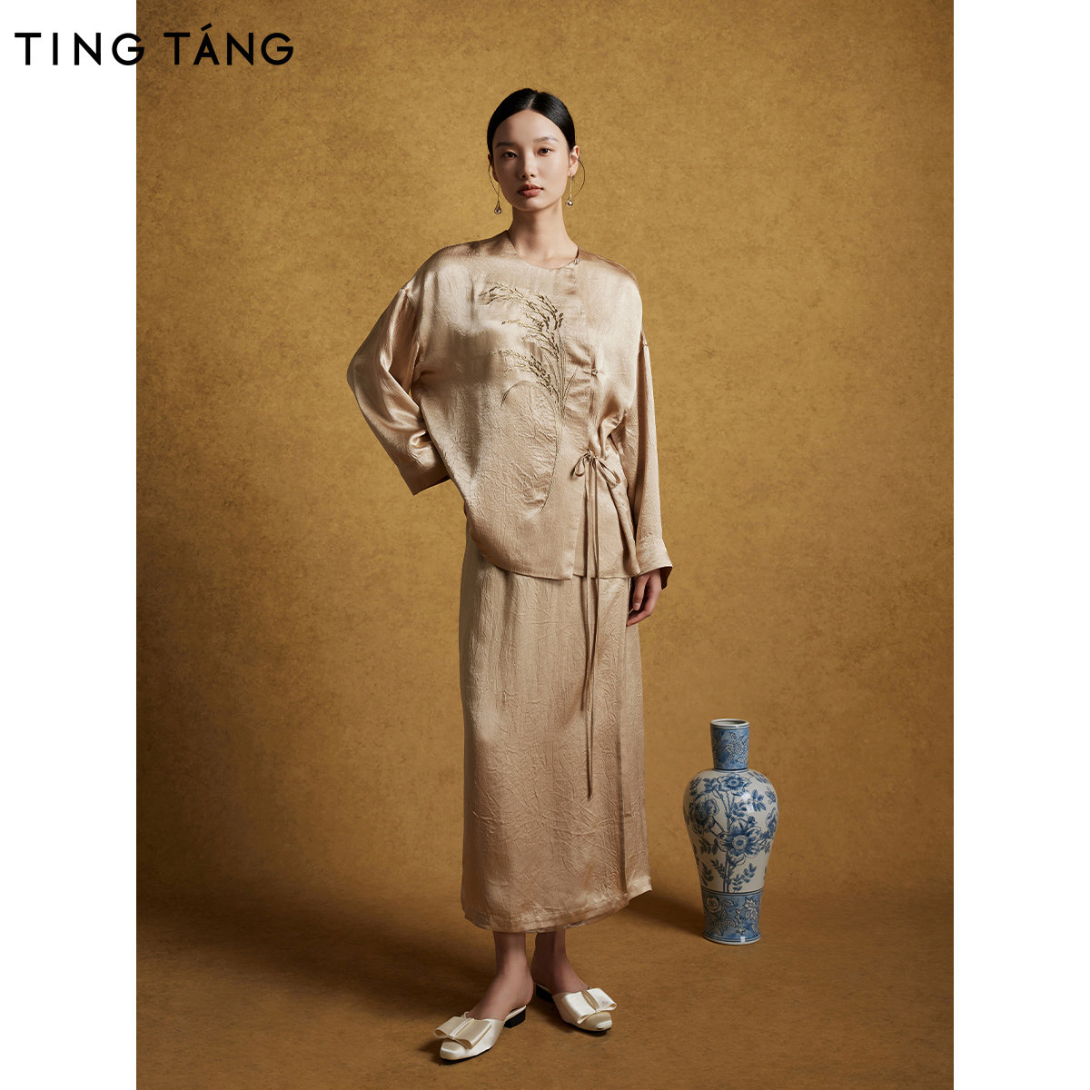 厅唐TINGTANG「风吹麦浪」新中式老钱半裙套装非遗手工刺绣二件套