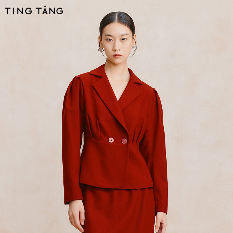 厅唐TINGTANG复古港风西装红色羊毛短外套半裙套装订婚结婚敬酒服