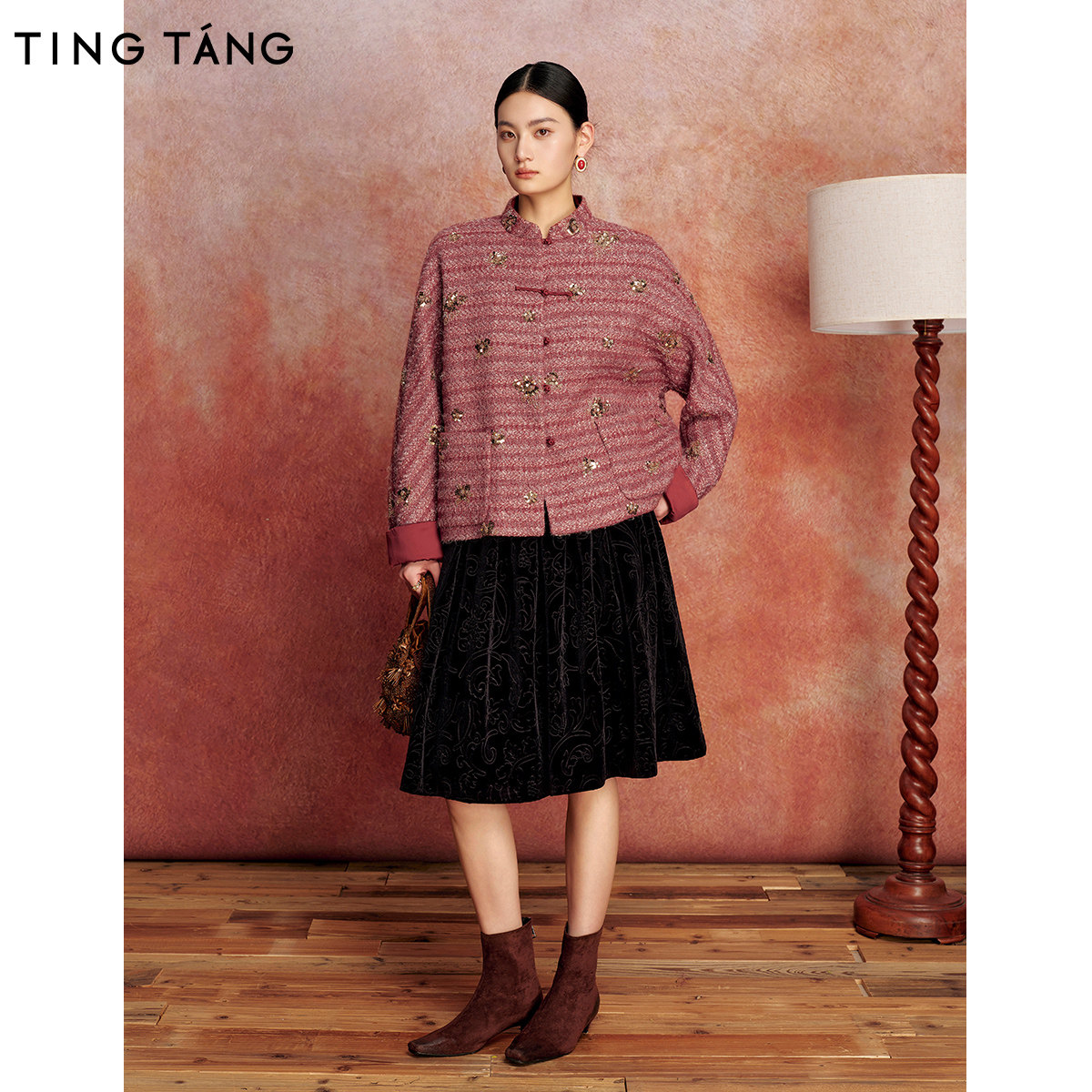 厅唐TINGTANG【意棠】轻中式高级肌理感织纹珠片绣外套女秋冬新款