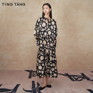 厅唐TINGTANG 国风不规则波点连衣裙女印花肌理感宽松减龄中长裙