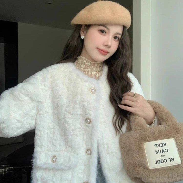 富家千金小香风毛绒外套女秋冬季新款加绒加厚羊羔毛棉服棉衣