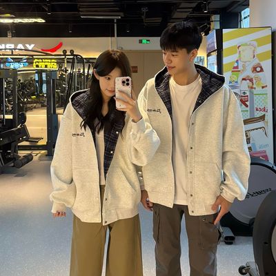 华棉复合克 格子连帽开衫卫衣女春秋宽松学院情侣外套女