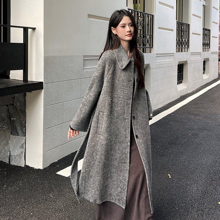 网红韩系秋冬款双面绵羊毛大衣/羊毛外套翻领单排扣保暖外套