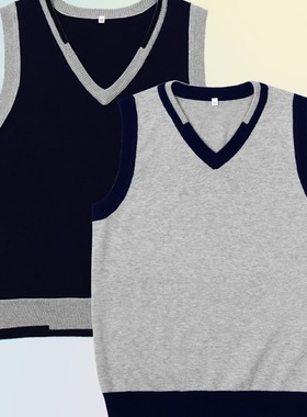 依顿春秋冬季针织背心英伦中小学生藏青灰色V领校服儿童毛衣马甲