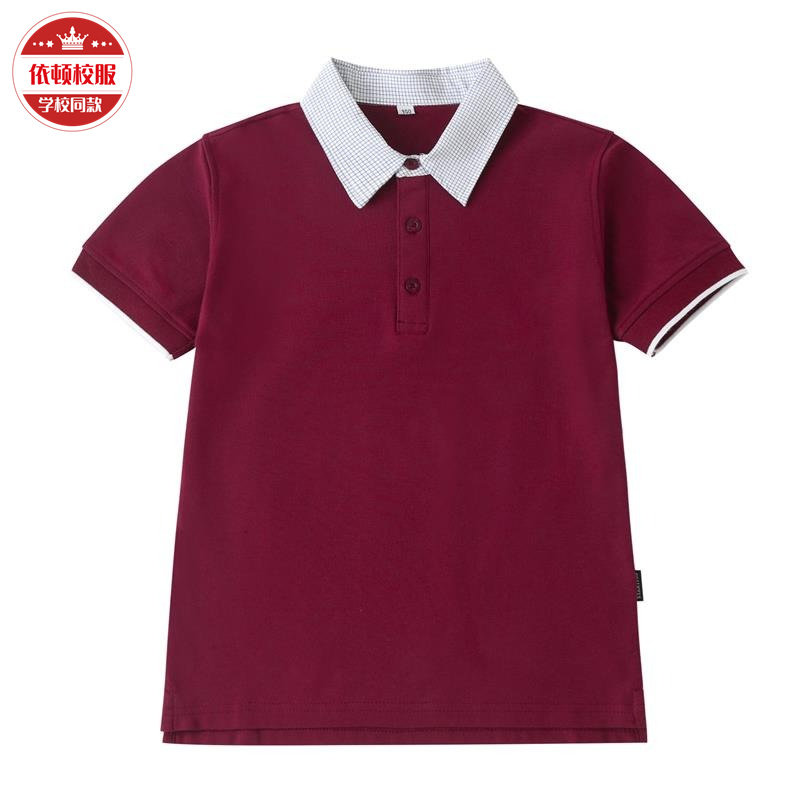 依顿英伦风夏季短袖女童 幼儿园园服枣红色翻领上衣T恤校服