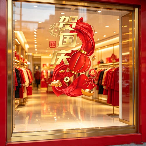 国庆节节日装饰氛围布置酒店银行物业售楼部商铺静电玻璃门贴纸