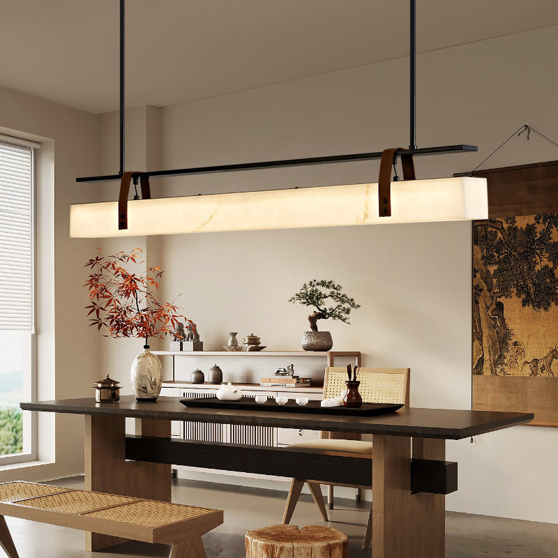 餐厅特别吊灯新中式皮带设计师创意餐桌灯前台茶室仿云石长条吊灯