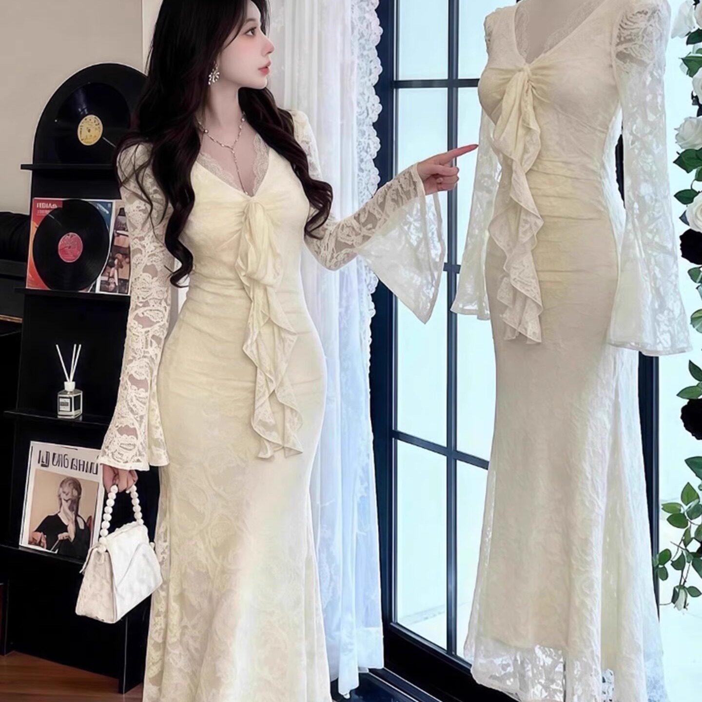 紫色V领蕾丝洋装女春季紧