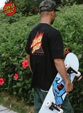 美国Santa Cruz  滑板服饰 美式潮牌火焰logo短袖纯棉男女宽松t恤