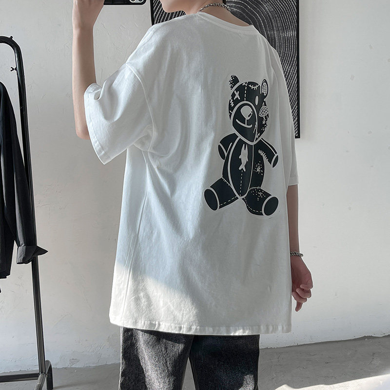短句-ins后背小熊印花短袖t恤男女情侣纯棉学生T恤白C417-T02-P25,男装T恤,电商A058-1（原电商C417）