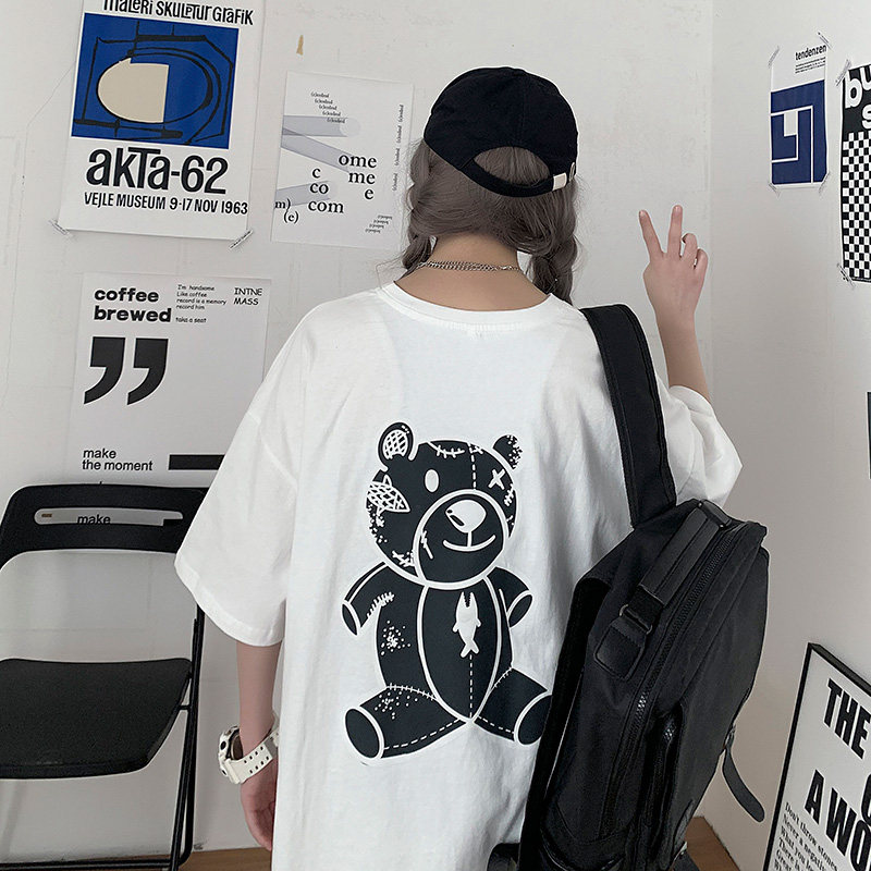 暗黑风ins后背小熊印花短袖t恤男女情侣纯棉学生T恤C417-T02-P25,男装T恤,电商A058-1（原电商C417）