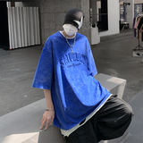 T222-P40控58240克夏季美式复古水洗高街字母钢印短袖T恤男，男装T恤，电商A058-1（原电商C417）