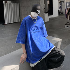 T222-P40控58 240克夏季美式复古水洗高街字母钢印短袖T恤男图片