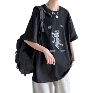短句-2021夏季小熊T恤男潮牌男女情侣装ins潮牌宽松上衣C417-T04图片