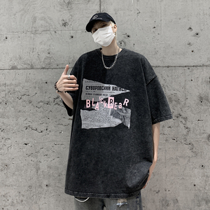 wassup candy短袖t恤男夏季水洗做旧重磅高街潮牌宽松大码五分袖图片