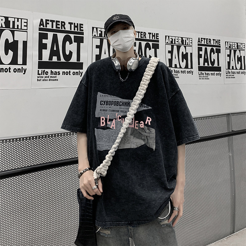 T203-P40控58240克夏季美式高街复古报纸印花水洗短袖潮流T恤,男装T恤,电商A058-1（原电商C417）