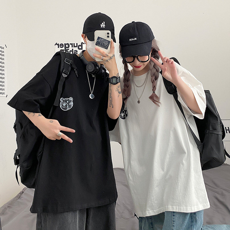 暗黑风ins后背小熊印花短袖t恤男女情侣纯棉学生T恤C417-T02-P25,男装T恤,电商A058-1（原电商C417）