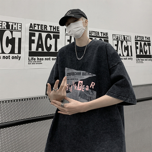 wassup candy短袖t恤男夏季水洗做旧重磅高街潮牌宽松大码五分袖图片